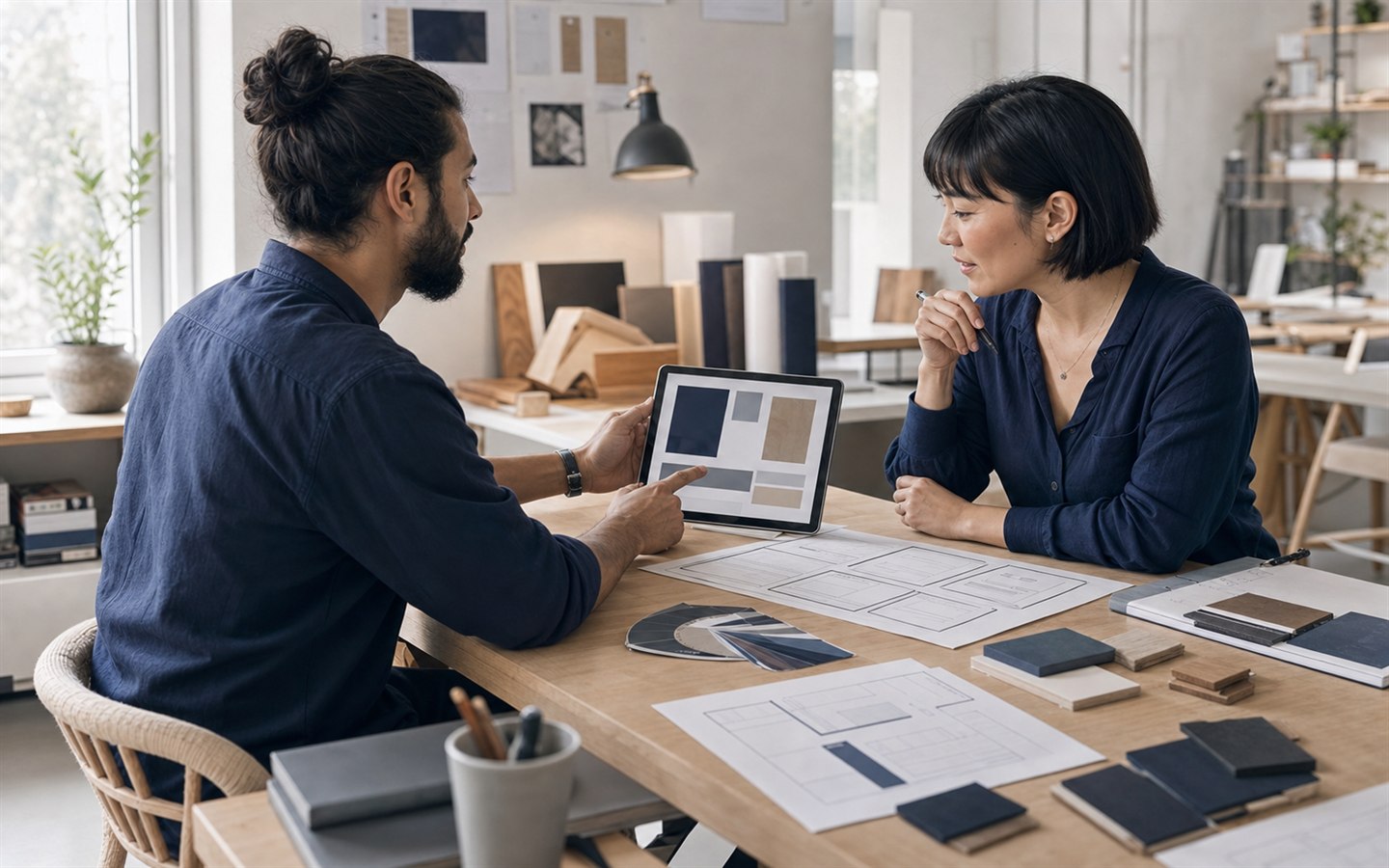 Suunnittelija ja asiakas keskustelevat projektista materiaalien äärellä