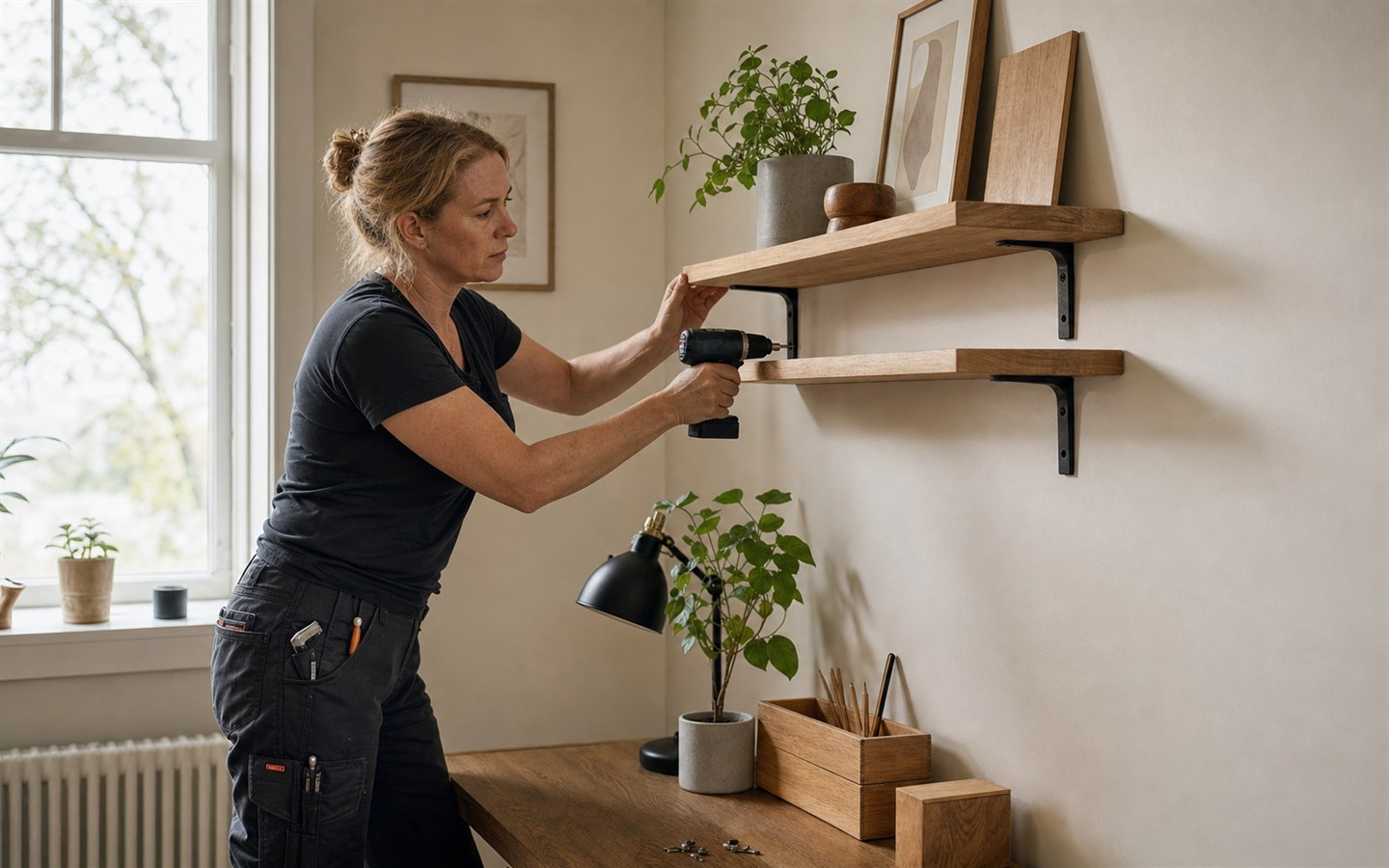 Ammattilainen asentaa puisia seinähyllyjä