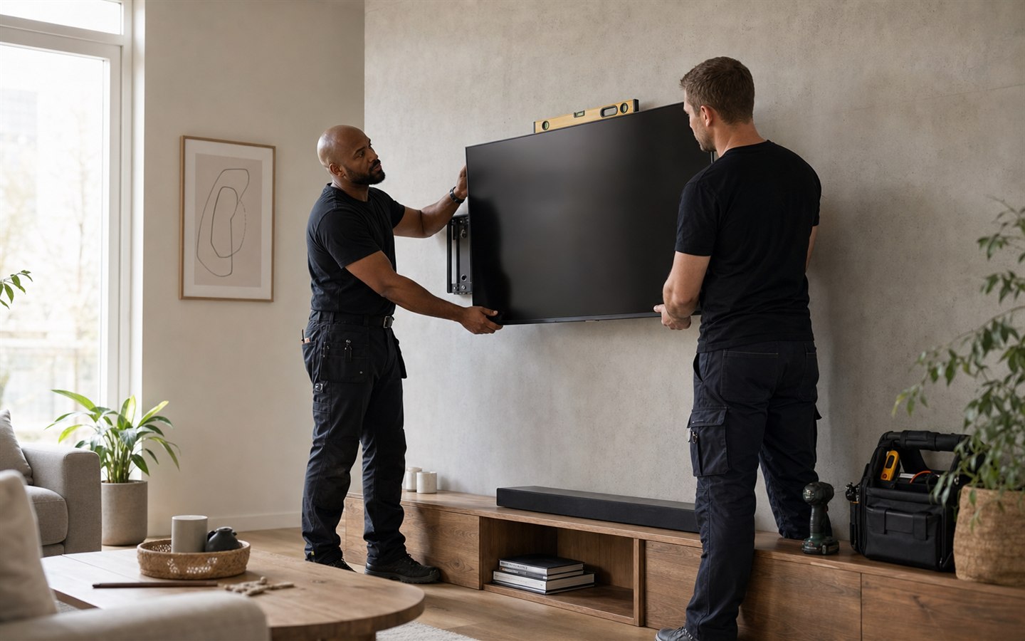 Kaksi ammattilaista asentaa television seinälle