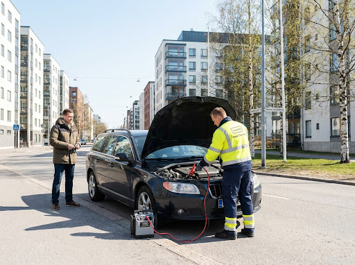 Ajoneuvon akun käynnistysapu tien varrella